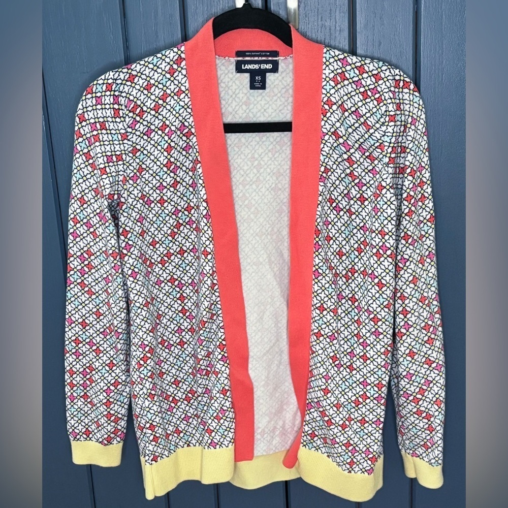 Lands End Colorful Geometric Open Cardigan XS Whimsical Playful Clowncore